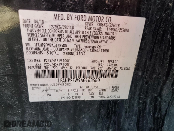 2010 Ford Taurus Limited with VIN 1FAHP2FW9AG168580, listed as a Copart auction lot 51637445 with 85,631 mi miles and Clean Title. Bid and sale history available at carsss.com. Image 14.
