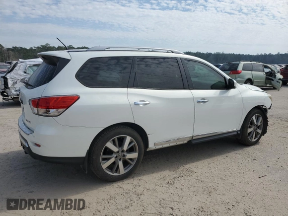 2014 Nissan Pathfinder Platinum with VIN 5N1AR2MNXEC679465, listed as a Copart auction lot 46232425 with 225,699 mi miles and Salvage title. Bid and sale history available at DreamBid. Image 3.