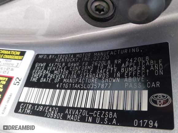 2020 Toyota Camry SE with VIN 4T1G11AK5LU357877, listed as a IAAI auction lot 41883271 with 111,246 mi miles. Bid and sale history available at carsss.com. Image 9.