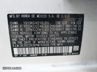 2023 Honda HR-V LX with VIN 3CZRZ2H36PM742038, listed as a IAAI auction lot 41465700 with 13,081 mi miles. Bid and sale history available at carsss.com. Image 9.