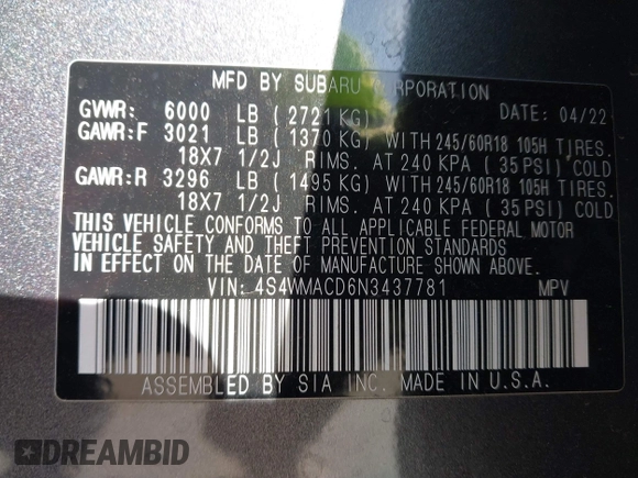 2022 Subaru Ascent Premium with VIN 4S4WMACD6N3437781, listed as a IAAI auction lot 41421533 with 56,188 mi miles and . Bid and sale history available at DreamBid. Image 9.
