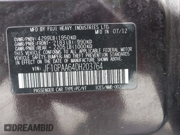 2013 Subaru Impreza 2.0i with VIN JF1GPAA64DH203764, listed as a IAAI auction lot 41852025 with 188,271 mi miles and . Bid and sale history available at DreamBid. Image 9.