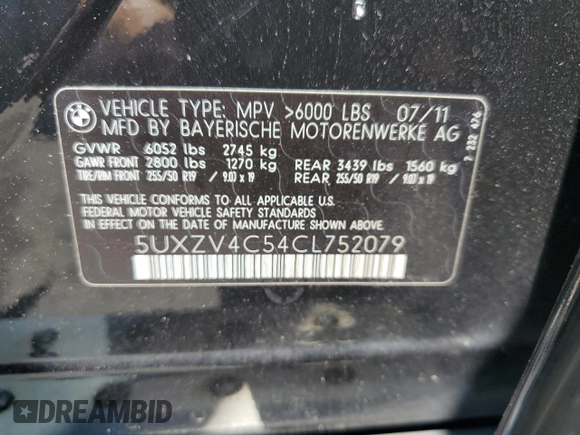 2012 BMW X5 35i with VIN 5UXZV4C54CL752079, listed as a Copart auction lot 62147515 with 147,244 mi miles and Clean title. Bid and sale history available at DreamBid. Image 13.