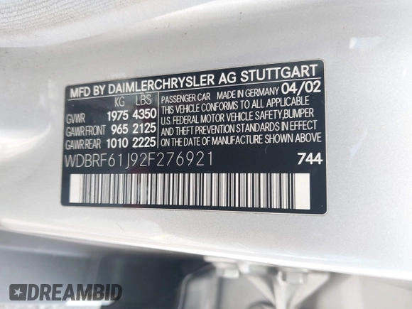 2002 Mercedes-Benz C 230/260/280/320 z VIN WDBRF61J92F276921, wystawiony jako IAAI lot #42507459 z przebiegiem 120 560 mil mil oraz . Historia ofert i sprzedaży dostępna na DreamBid. Obrazek 9.
