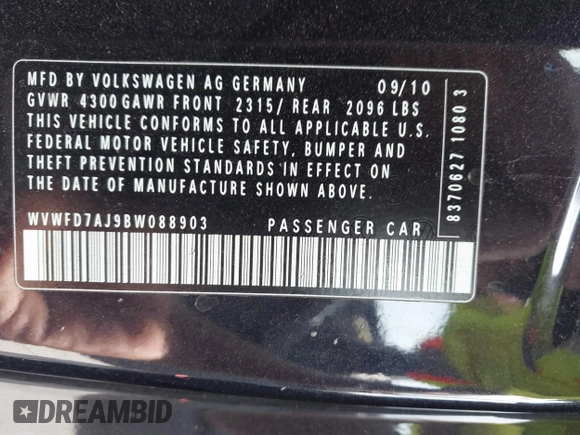 2011 Volkswagen GTI PZEV с VIN WVWFD7AJ9BW088903, выставлен на аукционе IAAI как лот 42100212 с пробегом 165 808 миль миль и . История ставок и продаж доступна на DreamBid. Изображение 9.