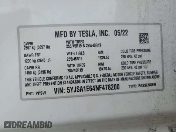 2022 Tesla Model S Plaid with VIN 5YJSA1E64NF478200, listed as a Copart auction lot 48731515 with 40,572 mi miles and Salvage Title. Bid and sale history available at DreamBid. Image 12.