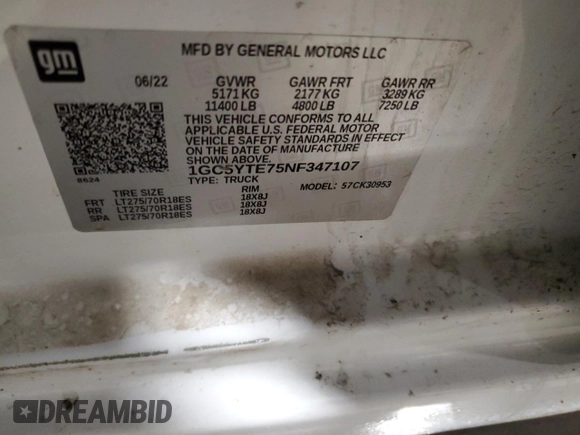 2022 Chevrolet Silverado 3500HD LT with VIN 1GC5YTE75NF347107, listed as a Copart auction lot 89209235 with Not Provided miles and Salvage Title. Bid and sale history available at DreamBid. Image 14.