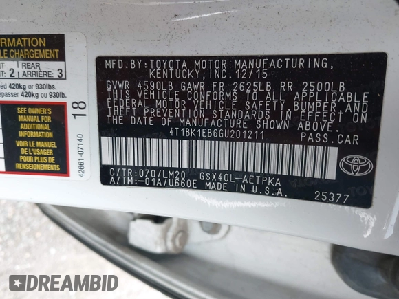 2016 Toyota Avalon Limited with VIN 4T1BK1EB6GU201211, listed as a IAAI auction lot 41599051 with 211,533 mi miles and . Bid and sale history available at carsss.com. Image 9.
