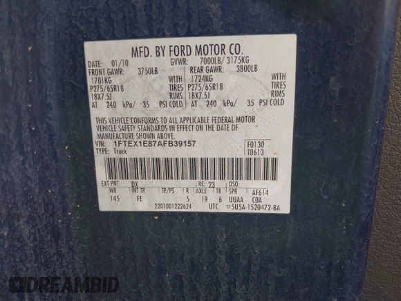 2010 Ford F-150 XL with VIN 1FTEX1E87AFB39157, listed as a IAAI auction lot 41820972 with 152,354 mi miles and . Bid and sale history available at DreamBid. Image 9.