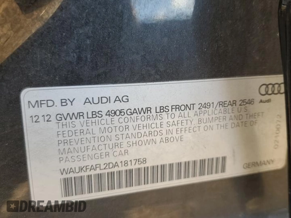 2013 Audi A4 Prestige with VIN WAUKFAFL2DA181758, listed as a Copart auction lot 76273414 with 106,684 mi miles and Salvage Title. Bid and sale history available at carsss.com. Image 12.