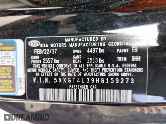 2017 Kia Optima LX with VIN 5XXGT4L39HG159273, listed as a Copart auction lot 61672025 with 134,171 mi miles and Clean title. Bid and sale history available at DreamBid. Image 12.