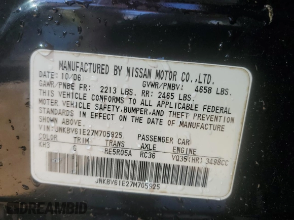 2007 Infiniti G35 Sedan Journey with VIN JNKBV61E27M705925, listed as a Copart auction lot 49830855 with Not Provided miles and Non Repairable. Bid and sale history available at carsss.com. Image 12.