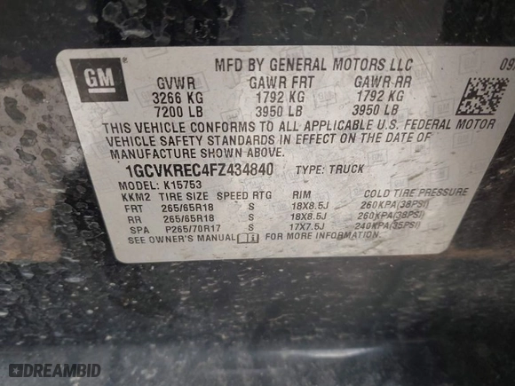 2015 Chevrolet Silverado 1500 LT with VIN 1GCVKREC4FZ434840, listed as a IAAI auction lot 41777732 with 224,400 mi miles. Bid and sale history available at carsss.com. Image 9.