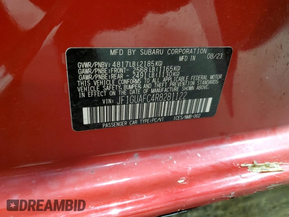 2024 Subaru Impreza Sport with VIN JF1GUAFC4R8281122, listed as a Copart auction lot 80523634 with 21,649 mi miles and Salvage Title. Bid and sale history available at carsss.com. Image 14.