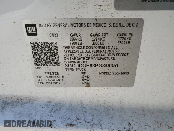2023 Chevrolet Silverado 1500 LTZ with VIN 3GCUDGE83PG349351, listed as a Copart auction lot 84905394 with 25,034 mi miles and Salvage Title. Bid and sale history available at carsss.com. Image 14.