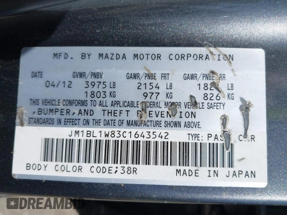 2012 Mazda 3 i Grand Touring with VIN JM1BL1W83C1643542, listed as a IAAI auction lot 42570322 with 204,004 mi miles and . Bid and sale history available at DreamBid. Image 9.