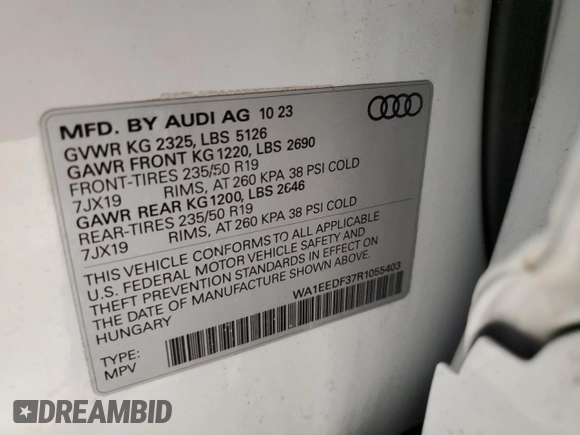 2024 Audi Q3 S line Premium Plus with VIN WA1EEDF37R1055403, listed as a Copart auction lot 60666185 with 6,982 mi miles and Salvage title. Bid and sale history available at DreamBid. Image 13.