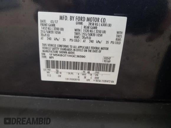 2017 Ford Explorer Sport with VIN 1FM5K8GT1HGC36590, listed as a Copart auction lot 57903645 with 117,237 mi miles and Salvage title. Bid and sale history available at DreamBid. Image 12.