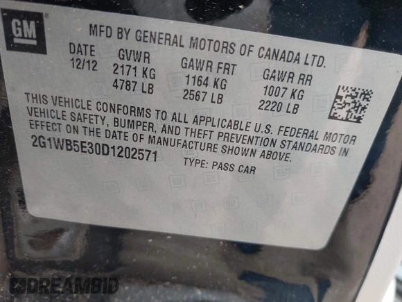 2013 Chevrolet Impala LT with VIN 2G1WB5E30D1202571, listed as a IAAI auction lot 41946958 with 104,291 mi miles and . Bid and sale history available at DreamBid. Image 9.