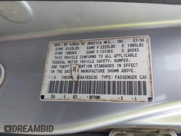 2006 Honda Accord LX SE с VIN 1HGCM56356A182430, выставлен на аукционе IAAI как лот 42644637 с пробегом 225 220 миль миль и . История ставок и продаж доступна на DreamBid. Изображение 9.
