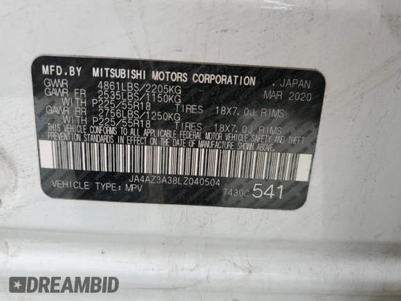 2020 Mitsubishi Outlander ES with VIN JA4AZ3A38LZ040504, listed as a Copart auction lot 54550545 with 145,302 mi miles and Salvage title. Bid and sale history available at DreamBid. Image 13.