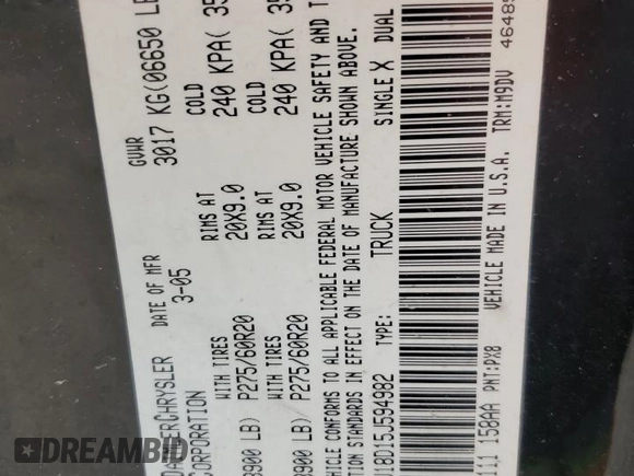 2005 Dodge 1500 SLT with VIN 1D7HU18D15J594982, listed as a Copart auction lot 55433245 with 279,399 mi miles and Salvage Title. Bid and sale history available at DreamBid. Image 12.