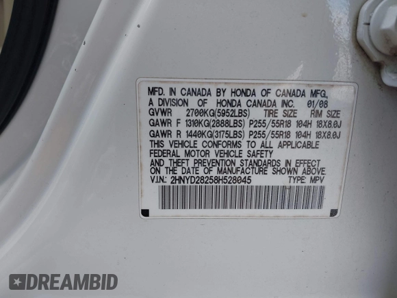 2008 Acura MDX with VIN 2HNYD28258H528045, listed as a IAAI auction lot 41342592 with 242,126 mi miles and . Bid and sale history available at DreamBid. Image 9.