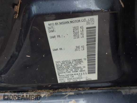 2013 Nissan Altima SV with VIN 1N4AL3AP2DN442155, listed as a IAAI auction lot 41837021 with 181,233 mi miles and . Bid and sale history available at carsss.com. Image 9.