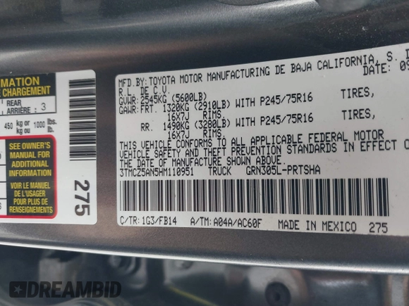 2017 Toyota Tacoma SR5 z VIN 3TMCZ5AN5HM110951, wystawiony jako IAAI lot #41580916 z przebiegiem 107 020 mil mil oraz . Historia ofert i sprzedaży dostępna na DreamBid. Obrazek 9.