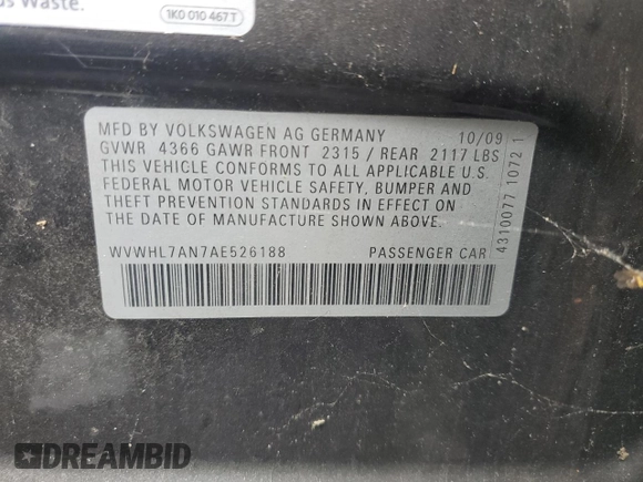 2010 Volkswagen CC Luxury z VIN WVWHL7AN7AE526188, wystawiony jako Copart lot #59014795 z przebiegiem 130 981 mil mil oraz Czysty tytuł • Clean title. Historia ofert i sprzedaży dostępna na DreamBid. Obrazek 12.