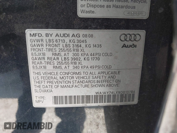 2009 Audi Q7 with VIN WA1AY74LX9D013784, listed as a IAAI auction lot 42551669 with 196,806 mi miles and . Bid and sale history available at DreamBid. Image 9.