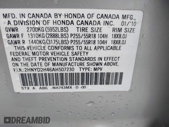 2010 Acura MDX Technology with VIN 2HNYD2H46AH507230, listed as a IAAI auction lot 42124728 with 94,788 mi miles and . Bid and sale history available at DreamBid. Image 9.