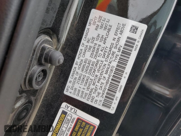 2017 Honda CR-V EX-L with VIN 2HKRW1H89HH510870, listed as a Copart auction lot 51213155 with 74,828 mi miles and Salvage Title. Bid and sale history available at DreamBid. Image 13.
