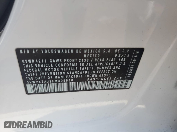 2015 Volkswagen Jetta S z VIN 3VW2K7AJ2FM309510, wystawiony jako Copart lot #60823955 z przebiegiem Nie podano mil oraz Szkoda całkowita • Salvage title. Historia ofert i sprzedaży dostępna na DreamBid. Obrazek 13.