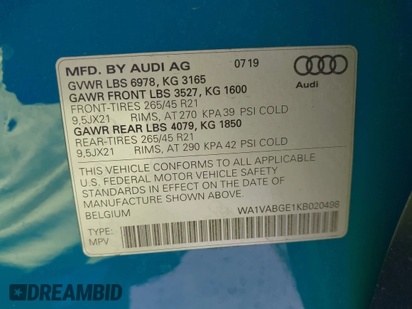 2019 Audi e-tron Prestige with VIN WA1VABGE1KB020498, listed as a IAAI auction lot 42663242 with 46,258 mi miles and . Bid and sale history available at DreamBid. Image 9.