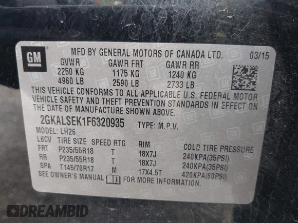 2015 GMC Terrain SLT with VIN 2GKALSEK1F6320935, listed as a IAAI auction lot 42010688 with 82,754 mi miles. Bid and sale history available at carsss.com. Image 9.