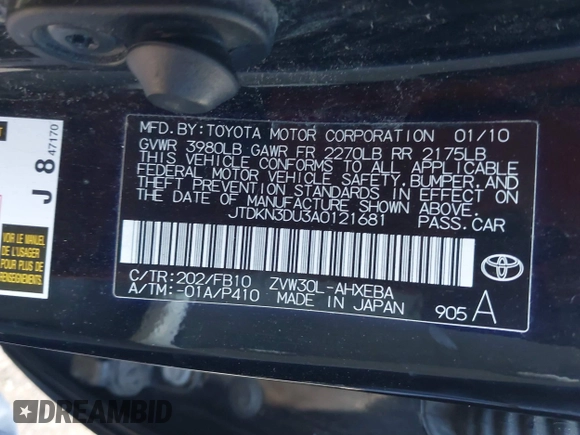 2010 Toyota Prius II with VIN JTDKN3DU3A0121681, listed as a IAAI auction lot 41840218 with 158,644 mi miles and . Bid and sale history available at DreamBid. Image 9.