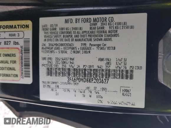 2019 Ford Fusion SE with VIN 3FA6P0HD8KR203627, listed as a IAAI auction lot 41868827 with 78,179 mi miles. Bid and sale history available at carsss.com. Image 9.