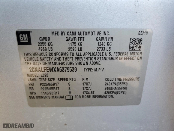 2010 Chevrolet Equinox LTZ with VIN 2CNALFEWXA6379539, listed as a Copart auction lot 48246595 with 130,986 mi miles and Clean Title. Bid and sale history available at carsss.com. Image 13.