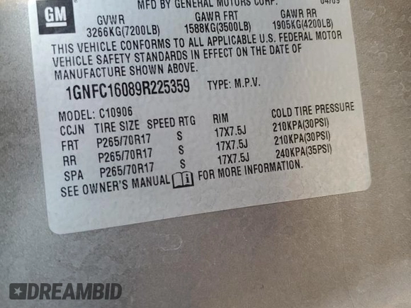 2009 Chevrolet Suburban LS z VIN 1GNFC16089R225359, wystawiony jako Copart lot #76146434 z przebiegiem 205 749 mil mil oraz Szkoda całkowita • Salvage title. Historia ofert i sprzedaży dostępna na DreamBid. Obrazek 13.