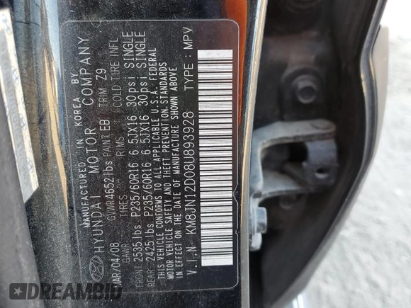 2008 Hyundai Tucson SE with VIN KM8JN12D08U893928, listed as a Copart auction lot 75516894 with 160,044 mi miles and Clean Title. Bid and sale history available at carsss.com. Image 13.