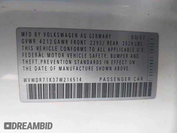 2007 Volkswagen Rabbit z VIN WVWDR71K37W216514, wystawiony jako IAAI lot #41871868 z przebiegiem 162 185 mil mil oraz . Historia ofert i sprzedaży dostępna na DreamBid. Obrazek 9.