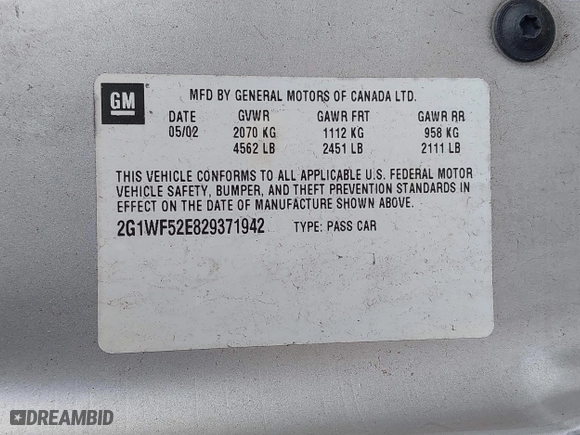 2002 Chevrolet Impala with VIN 2G1WF52E829371942, listed as a IAAI auction lot 41697536 with 139,828 mi miles. Bid and sale history available at carsss.com. Image 9.