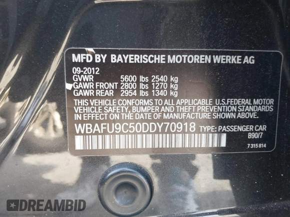 2013 BMW 5 Series 550i xDrive with VIN WBAFU9C50DDY70918, listed as a IAAI auction lot 41501293 with 77,675 mi miles and . Bid and sale history available at carsss.com. Image 9.