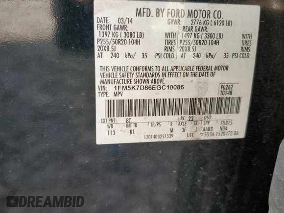 2014 Ford Explorer XLT with VIN 1FM5K7D86EGC10086, listed as a Copart auction lot 59296585 with 120,147 mi miles and Salvage title. Bid and sale history available at DreamBid. Image 13.