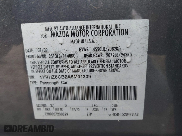 2010 Mazda 6 S Grand Touring with VIN 1YVHZ8CB2A5M01309, listed as a IAAI auction lot 41918168 with 152,788 mi miles and . Bid and sale history available at DreamBid. Image 9.
