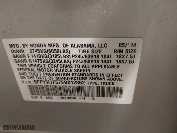 2014 Honda Ridgeline RTL with VIN 5FPYK1F57EB012362, listed as a IAAI auction lot 41078509 with 149,590 mi miles. Bid and sale history available at carsss.com. Image 9.