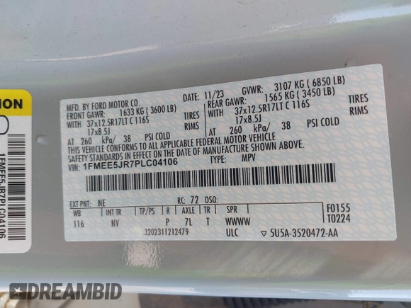2023 Ford Bronco Raptor with VIN 1FMEE5JR7PLC04106, listed as a IAAI auction lot 42316422 with 6,859 mi miles and . Bid and sale history available at DreamBid. Image 9.
