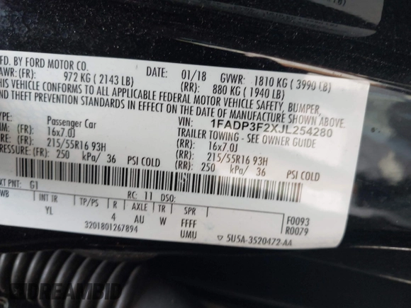 2018 Ford Focus SE with VIN 1FADP3F2XJL254280, listed as a IAAI auction lot 42138056 with 109,667 mi miles and . Bid and sale history available at carsss.com. Image 9.