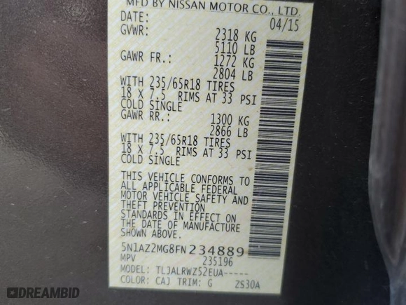 2015 Nissan Murano SL with VIN 5N1AZ2MG8FN234889, listed as a Copart auction lot 46158075 with 55,020 mi miles and Salvage Title. Bid and sale history available at carsss.com. Image 15.